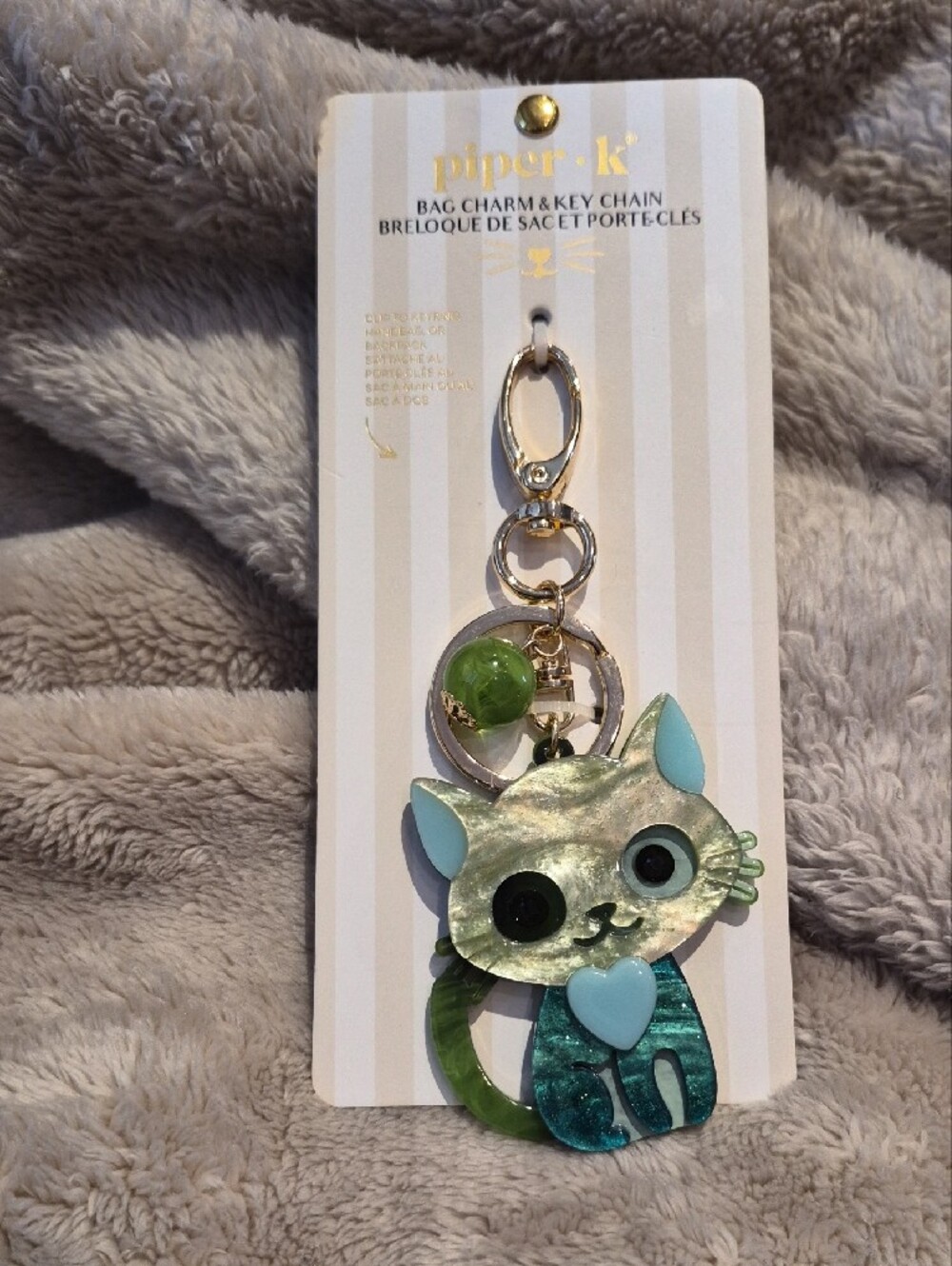 Piper•k Teal & Green Cat Keychain with Gold Hardware